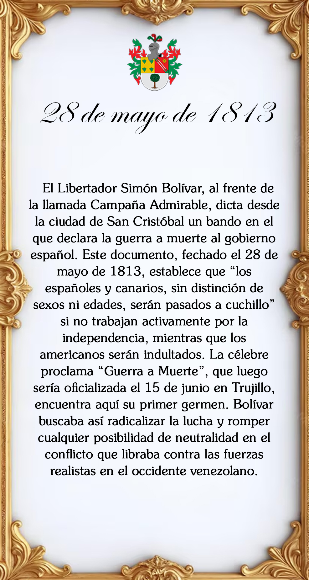 efeméride Sociedad Bolivariana de Venezuela 28 de mayo de 1813 Decreto de guerra
